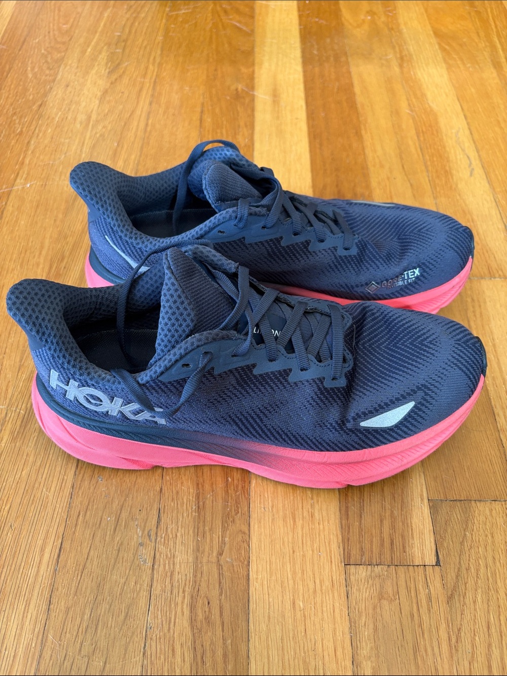 Hoka Women's Dark grey/Navy with Pink Sole Athletic Running Shoes